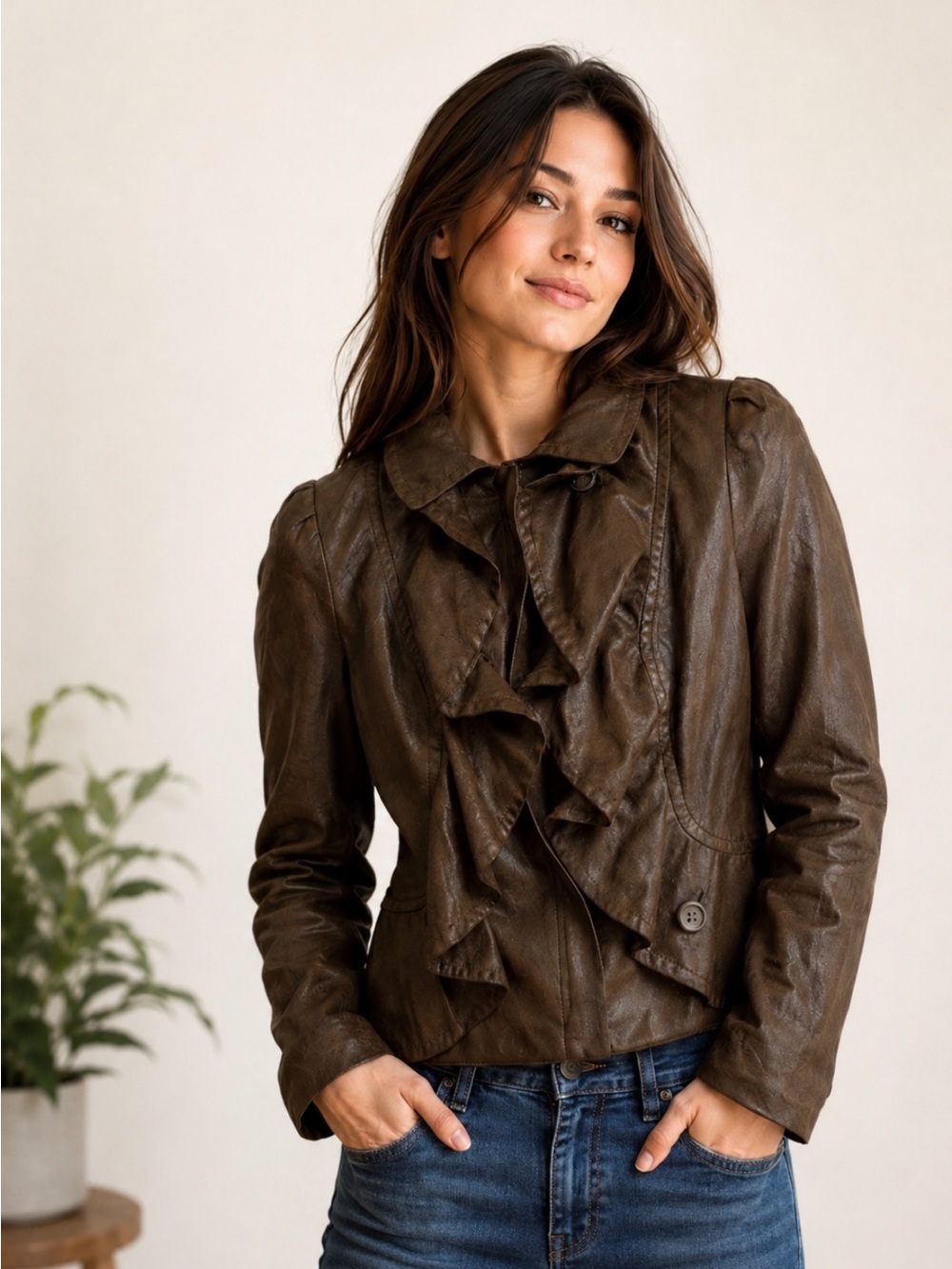 INC Women's Faux Leather Jacket L Ruffled Front Brown Short Coat Size Large